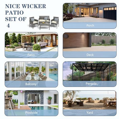 BUPPLEE 4 Pieces Patio Furniture Set, Outdoor Wicker Rattan Patio Conversation Furniture Set with Waterproof Cushion and Table for Lawn Poolside Backyard Garden Balcony Porch