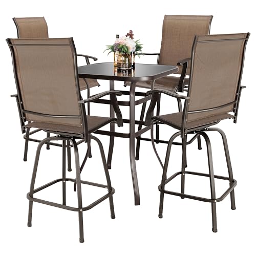 NUU GARDEN 5 Piece Patio Bar Set with Glass Table and 4 Swivel Chairs,Black&Brown
