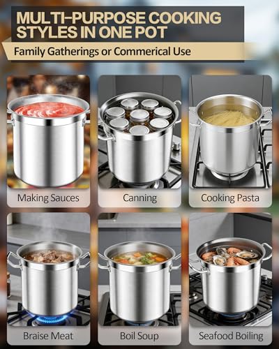 STOCKPOT Stainless Steel 20 Quart Stockpot with Tempered Glass Lid, 3-Ply Base, 8.8 lbs, Polished Finish, Suitable for Stovetop and Oven, Dishwasher Safe