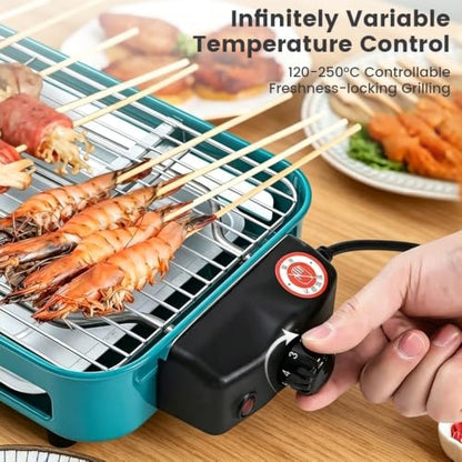 Electric Indoor Grill, 1500W Smokeless Barbecue BBQ Grill for Kitchen with Net, Fast Heat Up Power & Adjustable Temperature, for Beef, Salmon & Sausage Griddle