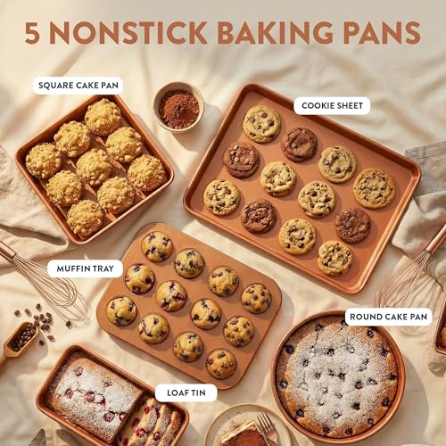 Gotham Steel Hammered 24 Pc Ceramic Cookware Set Nonstick, Induction Ceramic Pots and Pans Set Non Stick with Deep Square Pan Set & Bakeware Set, Non Toxic PFOA PFOS Free, Oven & Dishwasher Safe