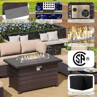 RTDTD 13 Pieces Outdoor Patio Furniture Set,Outdoor Sectional Furniture with 43" 55000 BTU Gas Propane Fire Pit Table,PE Rattan Wicker Patio Conversation Set,Swivel Rocking Chairs Set,Sand