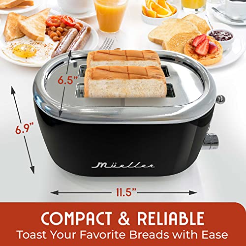 MUELLER HOME Retro Toaster 2 Slice, 7 Browning Levels, 3 Functions (Reheat, Defrost, Cancel), Stainless Steel Features, Removable Crumb Tray, Under Base Cord Storage, Black