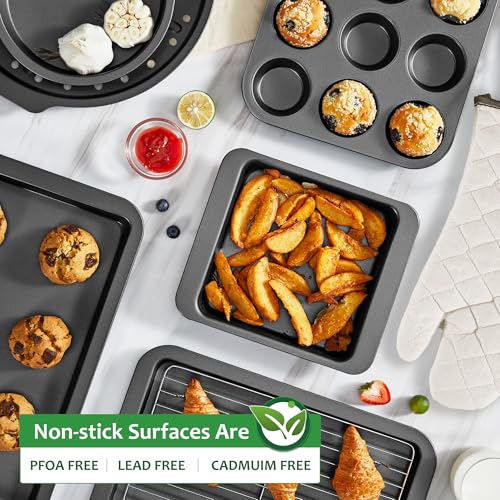 HONGBAKE Bakeware Sets, Baking Pans Set with Kitchen Oven Mitts, Nonstick Oven Pan for Kitchen with Wider Grips, 12-Piece Including Rack, Cookie Sheet, Cake Pans, Loaf Pan, Muffin Pizza Pan