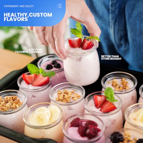 Collier Kitchen Automatic Yogurt Maker | 12 Glass Jars 180ml, Digital Timer & Temp Control | Stainless Steel Greek Yogurt Machine with Auto Shut-Off for Homemade Healthy Probiotic Snacks