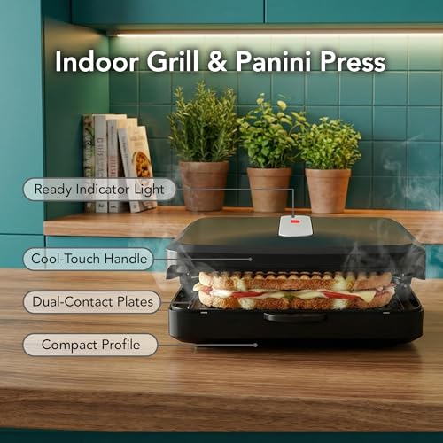 OVENTE 2-Serving Electric Indoor Grill & Panini Press with Easy Clean Non-Stick Plate Coating, Opens 90 Degrees, 10.7" x 7.7" Space Saving Design, 750W Contact Grill for Burgers & More, Black GP222B