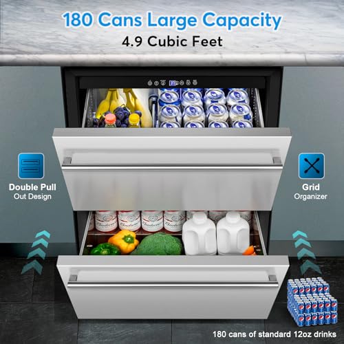 FoMup Under Counter Beverage Refrigerator 24 Inch, Outdoor Drawer Fridge Stainless Steel with Temperature Control for Home, Outdoor Patio and Commercial Use