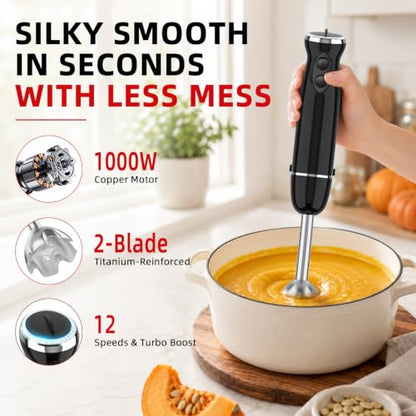 AURYAO 5-in-1 Immersion Blender, 1000W Hand Blender with Chopper & Whisk