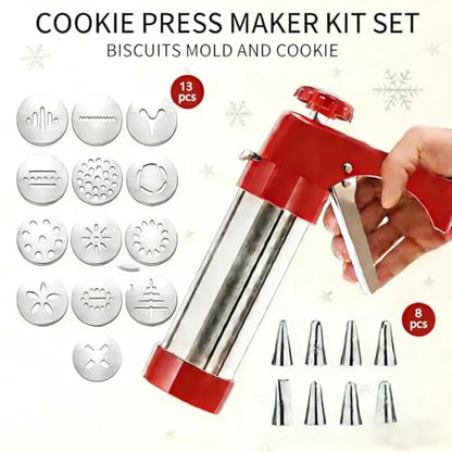 Stainless Steel Spritz Cookie Press - Press Gun Kit with 13 Discs & 8 Piping Tips, DIY Christmas Maker, Practical Baking Gadgets red