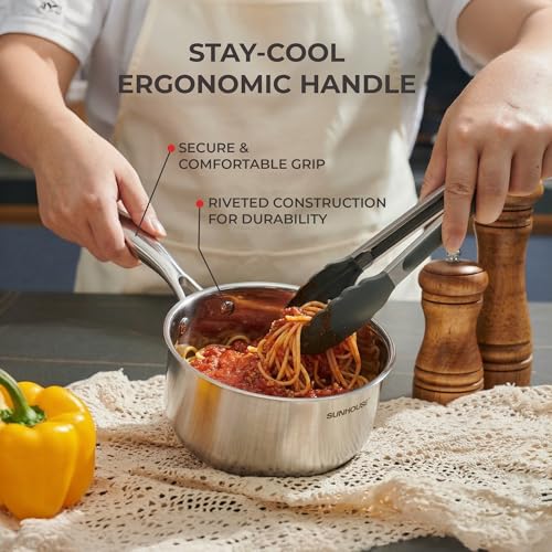 Sunhouse 2 Quart Sauce Pan with Lid, Tri-Ply Stainless Steel Saucepan with Full-Clad Base, Small Pot for Cooking, PFOA-Free, Professional Induction Ready Cookware