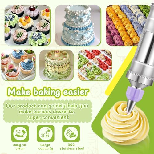 NOVANO Dessert Decorating Syringe Set, Frosting Piping Kit Stainless Steel Cake Decorating Kit with 54 Piping Tips & 9 Silicone Cupcakes, Cupcake Decorating Kit Piping Bags and Tips Set