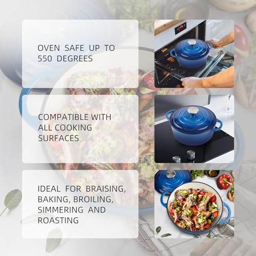 3 Quart Dutch Oven Enameled Cast Iron with Lid - Big Dual Handles - Oven Safe up to 500°F - Classic Round Pot for Versatile Cooking Blue