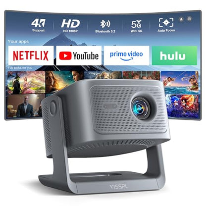【2200ANSI & Officially-Licensed APP】Smart 4K Projector with WiFi and Bluetooth, VISSPL 3D Dolby Audio and Auto Focus Portable Outdoor Projector, Movie Home Theater Proyector with 360° Adjustable Stand