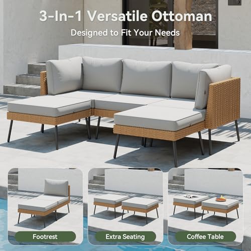 Aoxun 6 Piece Patio Furniture Set, 6 Seats Outdoor Sectional Sofas with Thick Cushion, Wicker Outdoor Patio Furniture Set with Ottomans for Party, Garden, Backyard, Grey