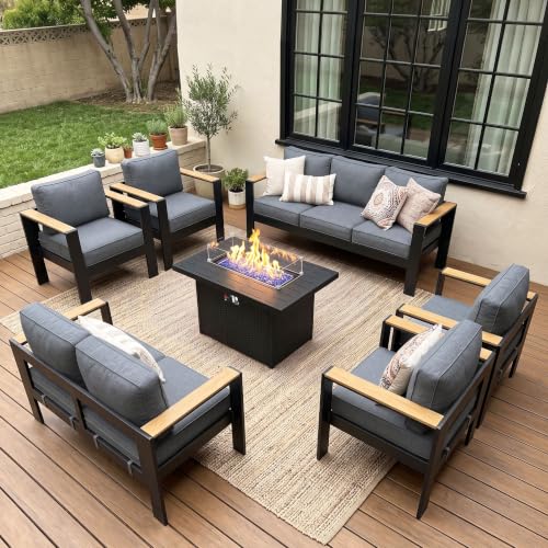 LayinSun 7 Piece Aluminum Outdoor Furniture Set with Fire Pit Table
