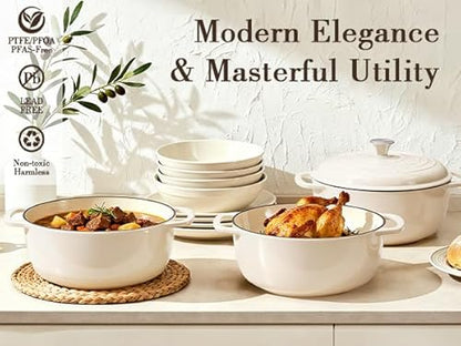 Umite Chef 6QT Enameled Cast Iron Dutch Oven with Lid, Versatile Heavy-Duty Cookware Pot for Baking Bread, Braising, Soups & Stews, Oven & Stovetop Safe with Heat Resistant Gloves（Cream White）