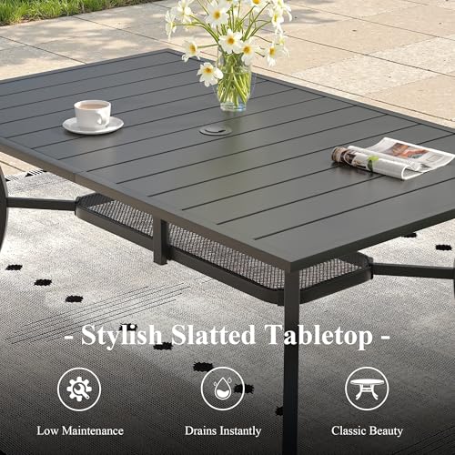 ARKOST Outdoor Dining Set for 6, 59.2" Outdoor Dining Table with Umbrella Hole and Padded Textilene Patio Swivel Chairs, 7 Pieces Patio Table and Chairs Set for Garden Backyard, Mixed Brown and Black
