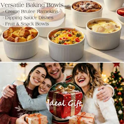 14 oz Ceramic Ramekins with Lids, Set of 4 Oven Safe Porcelain Creme Brulee Ramekins for Baking, Souffle, Pudding, Dessert, Dip, Leftovers & Food Storage, (White)