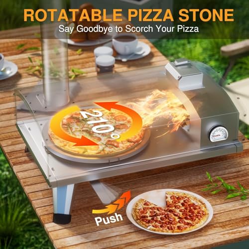 12” Portable Wood Fired Pizza Oven - Stainless Steel Pellet Pizza Stove with Rotating Stone for Outdoor Cooking, Backyard & Camping