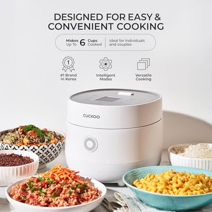 CUCKOO Micom Rice Cooker 3-Cup Uncooked / 6-Cup Cooked with Nonstick Inner Pot, Small Rice Maker with 8 Menu Options, Fuzzy Logic Technology, Auto Clean, Quick Rice Mode, White (CR-0375FW)
