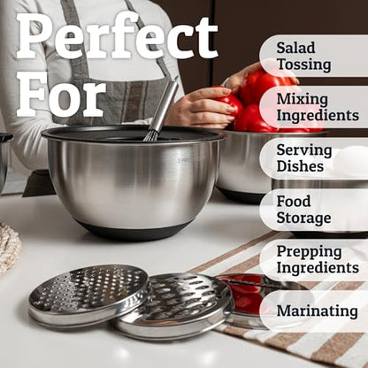 Priority Chef Stainless Steel Mixing Bowls with Lids Set, 3 Grater Attachments, Airtight Lids, Non-Slip Silicone Base Mixing Bowl Set, Large Prep Metal Mixing Bowls for Kitchen, Black
