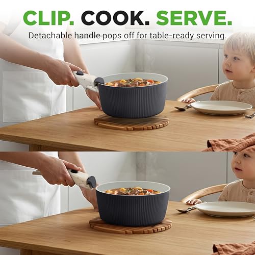 NutriChef 18-Piece Ceramic Cookware Set with Detachable Handles, Non Stick Pots and Pans, PTFE-Free Natural Ceramic Coating, Space-Saving Design, Oven & Stove Safe, Includes Utensils