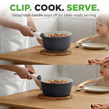NutriChef 18-Piece Ceramic Cookware Set with Detachable Handles, Non Stick Pots and Pans, PTFE-Free Natural Ceramic Coating, Space-Saving Design, Oven & Stove Safe, Includes Utensils