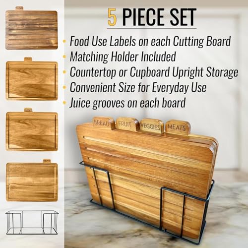 MODERNLYST Acacia Cutting Boards for Kitchen with Holder 13" x 11" x 2.5" | Labeled Wood Cutting Board Sets | Large Wooden Cutting Board Set of 4 with Black Organized Stand | Non Toxic Chopping Board
