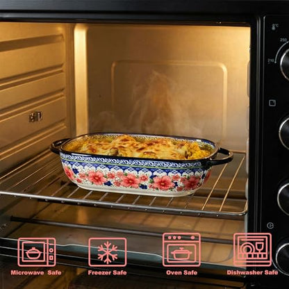 TAUFIKT Ceramic Casserole Dishes for Oven, Hand-painted Polish Pottery Baking Dish Set of 2, 0.8QT / 2QT Porcelain Casserole Dishes with Handles, Baking Pan Lasagna Pan, Gift for Family/Friend (Red)