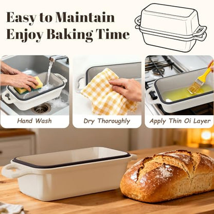 DYCYRQ Enameled Cast Iron Sourdough Bread Dutch Oven, Cast Iron Loaf Bread Pan for Homemade Bread Baking, 2PCS 8.5 x 4.5 Inch Meatloaf Pan with Lid, Oven Safe, Cream