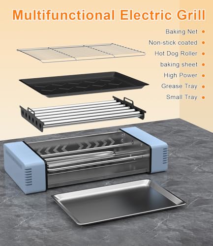 3-in-1 Electric Grill with Hot Dog Roller, Portable Indoor Outdoor BBQ Grill, Griddle and Sausage Roller Machine with Removable Non-Stick Plate & Drip Tray, for Tailgate, Camping, RV, Home Kitchen
