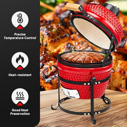 ROVSUN 13IN Red Spherical Ceramic Charcoal Grill with Inner Liner, Portable BBQ Smoker for Outdoor Cooking, Camping, and Backyard Grilling