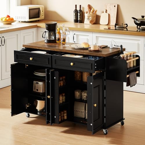 ONBRILL 58" Mobile Kitchen Island, Kitchen Island Cart with Power Outlet, Island Table for Kitchen, Home Bar Carts with Storage, Kitchen Rolling Island with Spice Rack & Towel Rack & Knife Holder