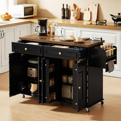 ONBRILL 58" Mobile Kitchen Island, Kitchen Island Cart with Power Outlet, Island Table for Kitchen, Home Bar Carts with Storage, Kitchen Rolling Island with Spice Rack & Towel Rack & Knife Holder