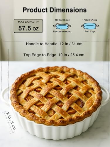 Yamteck 10×2in Deep Ceramic Pie Pan with Handles for Pie Quiche Tart Baking. Easy to grip, Lead-Free. Casserole Lasagna Dish for Thanksgiving Christmas Wedding Gift. Microwave, Dishwasher, Oven Safe