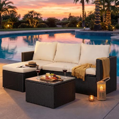 SUNLEI Patio Furniture Set with Detachable Soft Cushions, Outdoor PE Rattan Patio Conversation Sofa Set, 3-Piece Patio Sectional Sofa with Glass Coffee Table (Black Rattan&White)