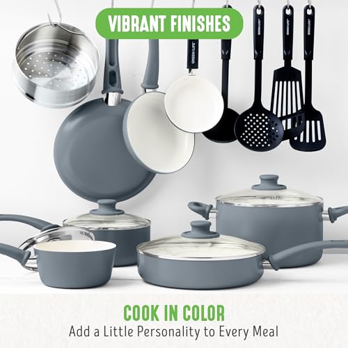 GreenLife Soft Grip Healthy Ceramic Nonstick 18 Piece Kitchen Cookware Pots and Frying Sauce Saute Pans Set, PFAS-Free with Kitchen Utensils and Lid, Dishwasher Safe, Gray