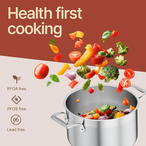 Stainless Steel Stockpot with Lid 5 Quart, Durable 18/8 Stainless Steel, Impact-Bonded Base for Even Heating, Riveted Handles, Oven & All Stove Compatible, Safe Up To 500°F (260°C)
