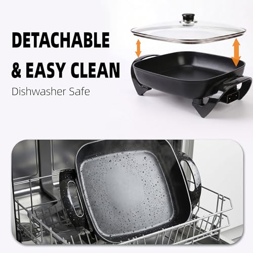 I-Keukenn 12" Ceramic Nonstick Electric Skillet with Tempered Vented Glass Lid, Scratch-Resistant Surface, Cool-Touch Handles, Removable Easy-to-Clean Design, 1200W, Sleek Black