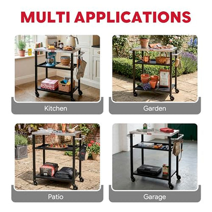 Feasto 3-Tier Outdoor Grill Cart, Rolling Pizza Oven Table with Compact 26.6" x 16.1" Stainless Top for Pizza Ovens & Griddles, Outdoor Bar Cart with S-Hooks for Patio Parties, Deck Dining & Camping