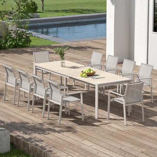 SEEHILL 11 Pieces Expandable Outdoor Dining Set for 10, Never-Rust Aluminum Extendable Dining Table Set, Patio Dining Table with Wood Grain Top and 10 Stackable Dining Chairs for Outside, Indoor