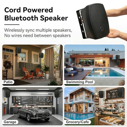 AiTURE 6.5 Inch Wall Mounted Bluetooth 5.4 Speakers, Peak 400W Indoor/Outdoor Waterproof Multi-Sync 200 Speakers/Auto-Pairing Auracast/Remote Control, 120 FT Range for Patio/Garage/Home (Black, Pair)
