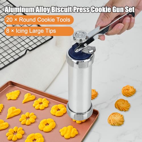 Stainless Steel Cookies Press, Cookies Press for Baking,Cookie Press Gun Kit with 20 Cookie Discs and 8 Piping Tips for DIY cake Maker Decorating Baking Supplies