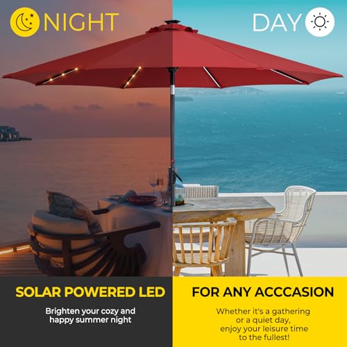 Tempera 9ft Patio LED Umbrella with light | Solar Outdoor Umbrella | Market Table Parasol with Push Button Tilt and Crank, with Sturdy Pole&Fade resistant canopy,Easy to set