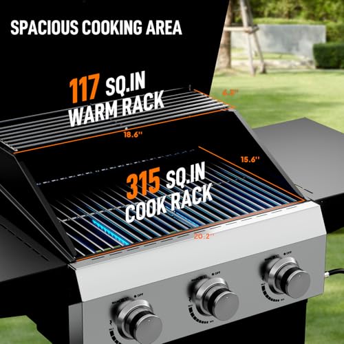 Bonnlo 3 Burners Portable Gas Grill with Enameled Cast Iron Grates, Powerful 36,000 BTU Propane Grill with Side Shelf & Bottom Cabinet, Outdoor Grill with Wheels for Patio Backyard Garden BBQ Use