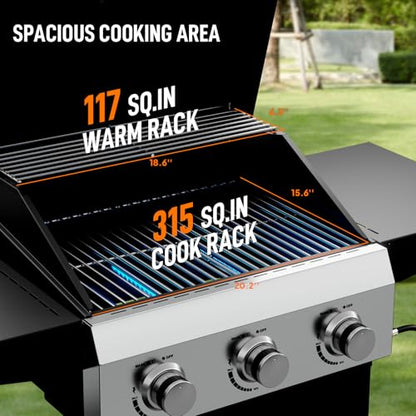 Bonnlo 3 Burners Portable Gas Grill with Enameled Cast Iron Grates, Powerful 36,000 BTU Propane Grill with Side Shelf & Bottom Cabinet, Outdoor Grill with Wheels for Patio Backyard Garden BBQ Use