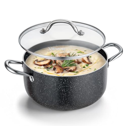 VEVOR Aluminum Stock Pot, 6-Quart Nonstick Ceramic Coated Pot with Glass Lid, PFOA-Free, PFAS-Free, Compatible with Gas Stoves, Induction Cooktops, Electric Stoves, for Soups, Stews, and Pasta