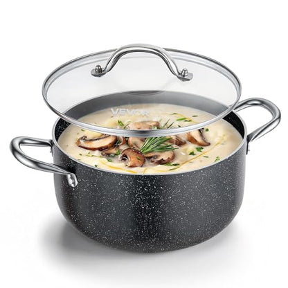 VEVOR Aluminum Stock Pot, 6-Quart Nonstick Ceramic Coated Pot with Glass Lid, PFOA-Free, PFAS-Free, Compatible with Gas Stoves, Induction Cooktops, Electric Stoves, for Soups, Stews, and Pasta