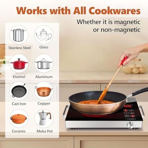 Portable Electric Cooktop, 2200W Ceramic Glass Induction Burner, 12 Power Levels, 3-Hour Timer
