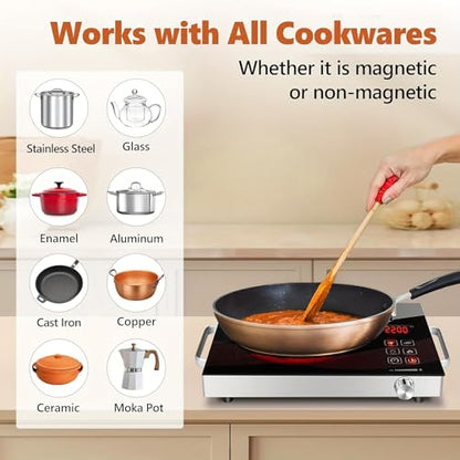 Portable Electric Cooktop, 2200W Ceramic Glass Induction Burner, 12 Power Levels, 3-Hour Timer